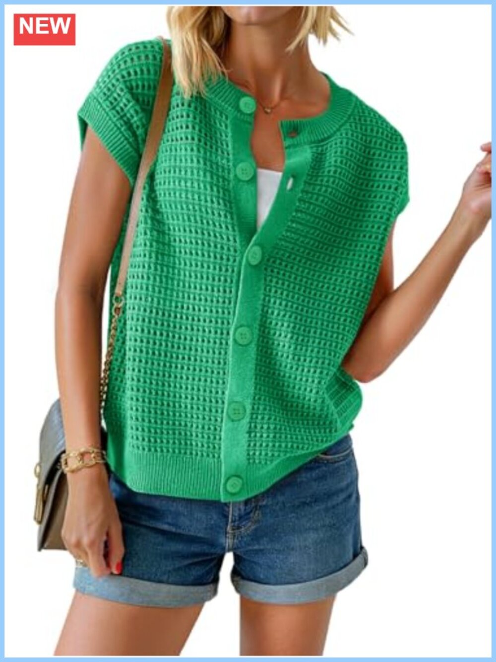 Crochet Button Down Cap Sleeve Sweater Vest Crew Neck Knit Top